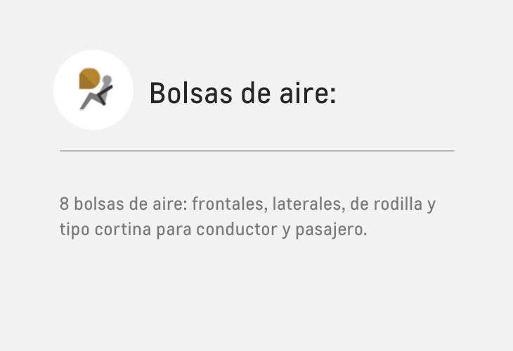 8 bolsas de aire frontales, laterales, de rodilla y tipo cortina para conductor y pasajero